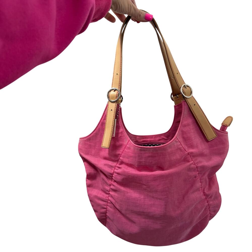 Esprit Pink Nylon Hobo Shoulder Bag Tan Straps Polka Dot Lining Y2K - Picture 2 of 16